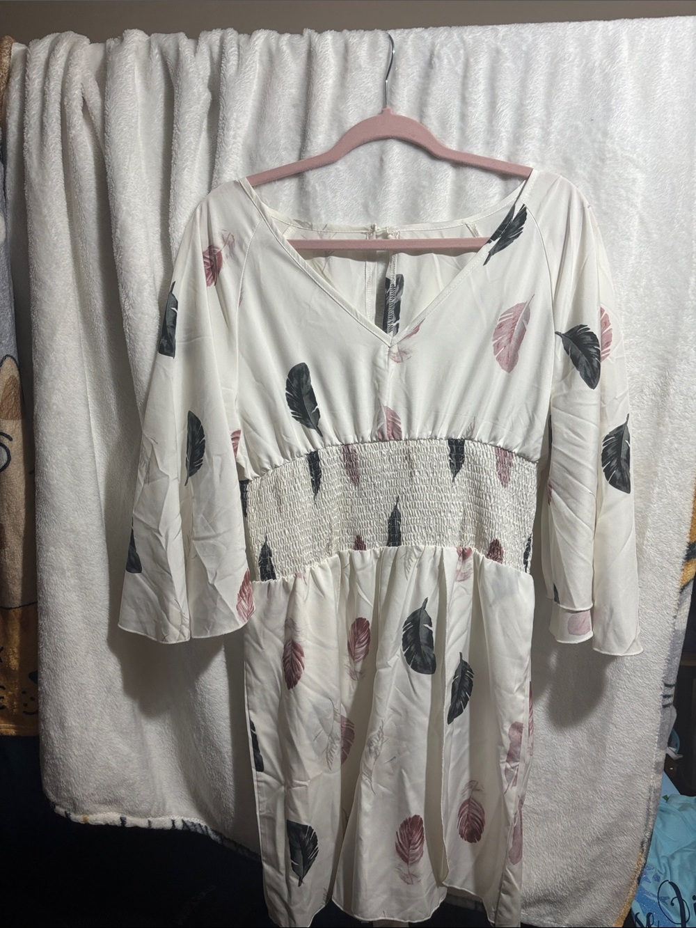 Ivory Smocked Waist Feather Print Dress